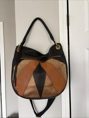 Vintage Fossil Black and Brown Patchwork Hobo Tote